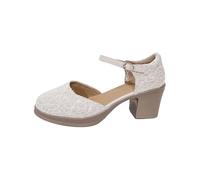 Momolaa WOMEN's Closed Toe Block Heeled Sandals Pumps Court Shoes Clearance Size 4 Lace Sparkly Wedding Date Office Pumps Dress Shoes for Bridal -6cm/ 2.36 in Beige Footwear