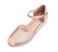 Momolaa Women's Closed Toe Platform Espadrilles Wedge Sandals UK 5.5 Chic Stylish Adjustable Buckle Strap Mid Heel Wedge Sandals Summer Trendy Footwear for Holiday Tropical Dress Shoes Gold Footwear