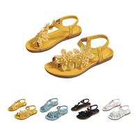 Momolaa Women's Cute Flower Flat Sandals with Elastic Ankle Strap Size 4.5 Yellow Summer Slip on Toe Ring Flat Sandals Summer Comfortable Wedding Bride Beach Thong Sandals Sandle