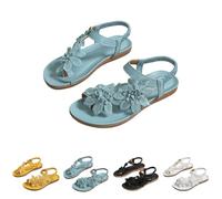 Momolaa Women's Cute Flower Flat Sandals with Elastic Ankle Strap Size 7.5 Light Blue Summer Slip on Toe Ring Flat Sandals Summer Comfortable Wedding Bride Beach Thong Sandals Sandle