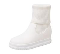 Momolaa Women's Elastic Chelsea Ankle Boots Hidden Wedge Folded Knit Calf Elastic Short Booties Sock Booties Slip on Fashion Short Fall Winter Boots Faux Leather White Footwear Gift Size 4