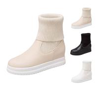 Momolaa Women's Elastic Chelsea Ankle Boots Hidden Wedge Folded Knit Calf Elastic Short Booties Sock Booties Slip on Fashion Short Fall Winter Boots Faux Leather Beige Footwear Gift Size 3