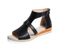 Momolaa Womens Espadrilles Gladiator Wedge Sandals Size 7 PU#_Black Bohemian Braided Wedge Heels Open Toe Summer Platform Espadrilles Sandals with Back Zipper Comfortable Walking Shoes Sandle