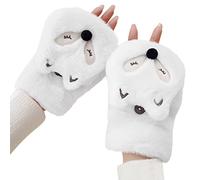 Momolaa Womens Fingerless Faux Fur Gloves Womens Girls Cute 3D Fox Warm Convertible Fingerless Gloves Faux Fur Flip Mittens 2_White