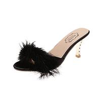 Momolaa Women's Fluffy Feather Clear Mid Chunky Block Heel Sandals Dress Shoes Slip on Pointed Toe Sexy Mules for women E-Black 5