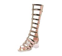 Momolaa Womens Gladiator Knee High Dressy Sandals,Clear Chunky Heel Knee High Sandals for Women, Gladiator Vamp With Back Zipper Closure Outdoor Flat Long Boots,UK 5 1_Gold