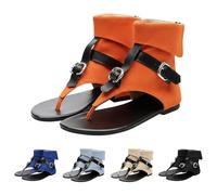 Momolaa Womens Gladiator Thong Flat Sandals UK 5 Retro Bohemian Beach Roman Boots Cowboy Flip Flops Ankle Flat Gladiator Sandals with Buckle Zipper Summer Western Shoes Orange Footwear