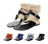 Momolaa Womens Gladiator Thong Flat Sandals UK 6 Retro Bohemian Beach Roman Boots Cowboy Flip Flops Ankle Flat Gladiator Sandals with Buckle Zipper Summer Western Shoes Beige Footwear