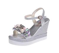 Momolaa Womens Glitter Rhinestone Open Toe Platform Wedges Sandals Ankle Strap Shinny Crystal Wedding Dress Shoes Ladies Floral Platforms Sandals Women Slides 5 Silver-b