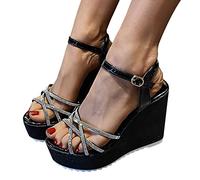 Momolaa Womens Glitter Rhinestone Open Toe Platform Wedges Sandals Ankle Strap Shinny Crystal Wedding Dress Shoes Black 5