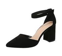 Momolaa Womens Heels Ankle Strap Court Shoes Block High Heel Chunky Dress Sandals Closed Pointed Toe Heels Wedding Party Pumps Slip On Low Heel Party Courts Pump Size 6.5 2#Black