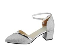 Momolaa Womens Heels Ankle Strap Court Shoes Block High Heel Chunky Dress Sandals Closed Pointed Toe Heels Wedding Party Pumps Slip On Low Heel Party Courts Pump Size 4 6#Silver