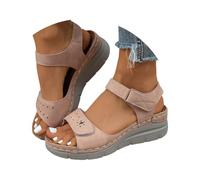 Momolaa Women's Hook & Loop Strap Wedge Sandals UK 5 Low Heel Comfortable Open Toe Platform Summer Shoe Lightweight Casual Walking Sandals Beige Sandles