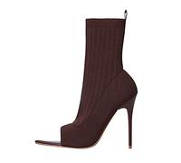 Momolaa Womens Knee High Boots Size 6.5 Sexy Stiletto High Heel Open Toe Knit Ankle Boots Peep Toe Knit Sock Booties Coffee