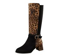 Momolaa Women's Knee High Boots Suede Leopard Print,Side Zipper Buckle Chunky Block Mid High Heel Pointed Toe Fall Winter Shoes Western Boots Fashion Boot Footwear Clearance