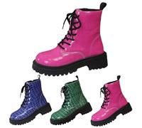 Momolaa Women's Lace up Ankle Boots Lug Sole Combat Boot Chunky Platform Side Zipper Riding Boot Gothic Motorcycle Boots Walking Hiking Short Booties #02_Hot Pink Footwear Gift Size 4