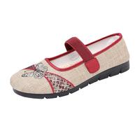 Momolaa Womens Linen Mary Jane Flats Size 3.5 Breathable Soft-Soled China Dance Flat Old Beijing Cloth Walking Shoes Maryjane Red Gift
