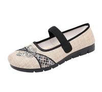 Momolaa Womens Linen Mary Jane Flats Size 4 Breathable Soft-Soled China Dance Flat Old Beijing Cloth Walking Shoes Maryjane Black Gift