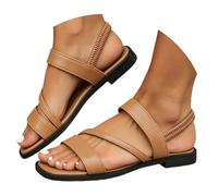 Momolaa Womens Open Square Toe Slingback Flat Sandals Size 5 Khaki Faux Leather Strappy Gladiator Sandals with Elastic Back Strap Summer Slip on Shoes Walking Sandal Sandle