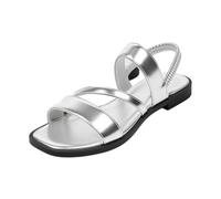 Momolaa Womens Open Square Toe Slingback Flat Sandals Size 5 Silver Faux Leather Strappy Gladiator Sandals with Elastic Back Strap Summer Slip on Shoes Walking Sandal Sandle