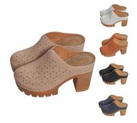 Momolaa Womens Platform Mules Pumps Round Closed Toe Block Heel Mule Wide Fit Chunky High Heeled Slip on Slippers Sandals & Slides Clogs Shoes Sandles A1#Beige Footwear UK 6.5