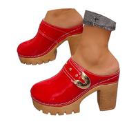 Momolaa Womens Platform Mules Pumps Round Closed Toe Block Heel Mule Wide Fit Chunky High Heeled Slip on Slippers Sandals & Slides Clogs Shoes Sandles B1#Red Footwear UK 3.5