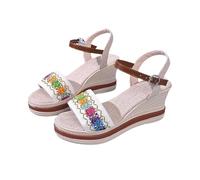 Momolaa Women's Platform Wedge Heel Sandals size 6.5 Open-Toe Ankle Strap with Adjustable Buckle Bohemian Comfort Walking Sandal Wedding Bridal Prom Sparkly Bling Dress Sandals White Ladies Gift