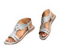 Momolaa Women's Rhinestones Gladiator Flat Sandal Size 5.5 Silver Open Toe Sling Back Wedding Party Dress Shoes Dressy Shoes for Summer Vacation Sandle