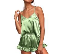 Momolaa Women's Sexy Silk Satin Ruffled Pajamas Sets Cami Shorts Sets Sleepwear Satin Pajamas Cami Shorts Set Nightwear Pajamas Set Women Petite Pajamas Mint Green