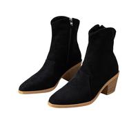 Momolaa Womens Side Zipper Western Ankle Boots with Stacked Heel Mid High Block Chunky Heeled Booties Suede Casual Comfortable Fall Winter Pointed Closed Toe Short Boots UK 7 Ladies Black Footwear