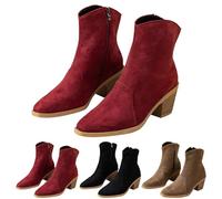 Momolaa Womens Side Zipper Western Ankle Boots with Stacked Heel Mid High Block Chunky Heeled Booties Suede Casual Comfortable Fall Winter Pointed Closed Toe Short Boots UK 5 Ladies Wine Footwear