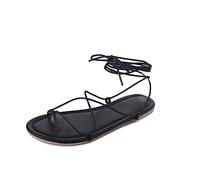 Momolaa Womens Strappy Sandals Flat Lace Up Sandals Ladies Strappy Ankle Strap Summer Shoes tie up leg sandals Size 5.5 1#Black
