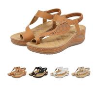 Momolaa Womens Toe Ring Wedge Heel Sandals Size 6 03#_Brown Comfortable Orthopedic Flip Flops T Strap Footbed Sandals Elastic Ankle Strap Slip on Summer Beach Shoes Wedges Sandle