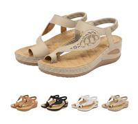 Momolaa Womens Toe Ring Wedge Heel Sandals Size 6 03#_Khaki Comfortable Orthopedic Flip Flops T Strap Footbed Sandals Elastic Ankle Strap Slip on Summer Beach Shoes Wedges Sandle