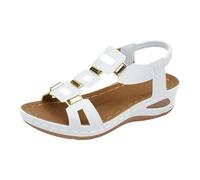 Momolaa Women's Vacation Wedge Sandals Size 7.5 Open Toe Elastic Ankle Strap Orthopedic T-Strap Platform Sandal for Casual Walking Beach White Footwear