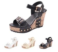 Momolaa Womens Wedge Sandals Heels Ladies High Wedge Heel Ankle Strap Studded Cork Platform Sandals Summer Dress Shoes SIZE 4 A0_Black Clearance