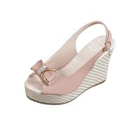 Momolaa Women's Wedge Slingback Open Toe Sandals UK 5,Bow Platform Wedge Sandals for Women Ladies Summer Linen Cushioned Breathable Dressy Walking Sandal with Back Strap PU_Pink Sandles