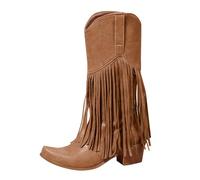 Momolaa Yellow Fringe Cowboy Boots for Women Mid Calf Chunky Mid Heels Fringe Vintage Tassel Snip Toe Pull on Dress Western Calf Booties UK 6