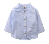 MOMOLAND Little Big Boys Long Sleeve Collar Woven Cotton Button Down Linen Design Shirt, Light Blue, 12 Years