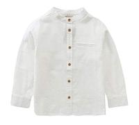 MOMOLAND Little Big Boys Long Sleeve Mandarin Collar Woven Cotton Button Down Linen Design Shirt Solid, Off-white, 6 Years