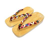 momoten] Japanese made zori, traditional Japanese sandals, leather-soled sandals, footwear, vinyl folding style, for women, for festive daily wear, "Yellow Tatami, Shippō Patterned Straps” (Red