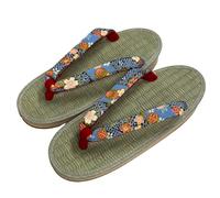 momoten] Japanese made zori, traditional Japanese sandals, leather-soled sandals, footwear, vinyl folding style, for women, for festive daily wear igusa, "Rush Grass, Yuzen Style Flower1 (Blue) Round