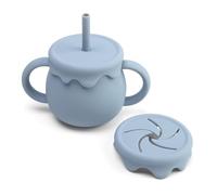 Mom's Aura 2-in-1 Silicone Baby Cups with Straw and Lid for Snacks, 8.5 oz Spill-Proof Sippy Cups, Training Cup for Toddlers Ages (Blue.)