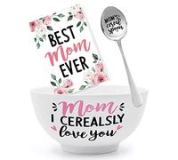 Mom's Cereal Bowl and Spoon Set with Best Mom Ever Greeting Card Christmas Mother's Birthday Engraved Gift Box Basket Idea for Her Cerealsly Love You Mommy Present Set of 3 Thanksgiving Mother's Day