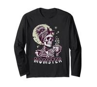 Momster Skull Mom Coffee Lover Halloween Messy Hair Bun Mama Long Sleeve T-Shirt
