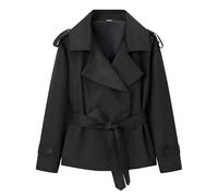 Momuk Women's Oversized Short Trench Coat Loose Lapel Belted Double Breasted Cropped Windbreaker Casual Jacket with Pockets (Black M)
