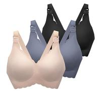 MomWills Nursing Bras for Breastfeeding, Seamless Ultra Comfort Maternity Bra, Natural Shape Pregnancy Bras for Women, Black/Neutral/Blue, XL