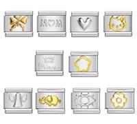 Mon & Sons 10 Mum Mom Heart Gold Butterfly Angel Cat Starter Modular Bundle Charm Silver Italian 9mm Link Stainless Steel Bracelet Compatible With Modular 9mm Link