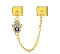 Mon & Sons 18k Gold Hand Evil Eye Hamsa Fatima Lucky Safety Chain Silver Italian 9mm Link Stainless Steel Bracelet Charm Compatible With 9mm Link