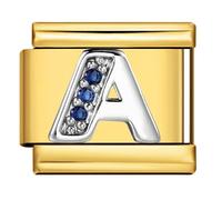Mon & Sons A Crystal 18k Gold Letter Initial Name Tag Alphabet Personalised Birthday Silver Italian 9mm Link Stainless Steel Bracelet Charm Compatible With 9mm Link